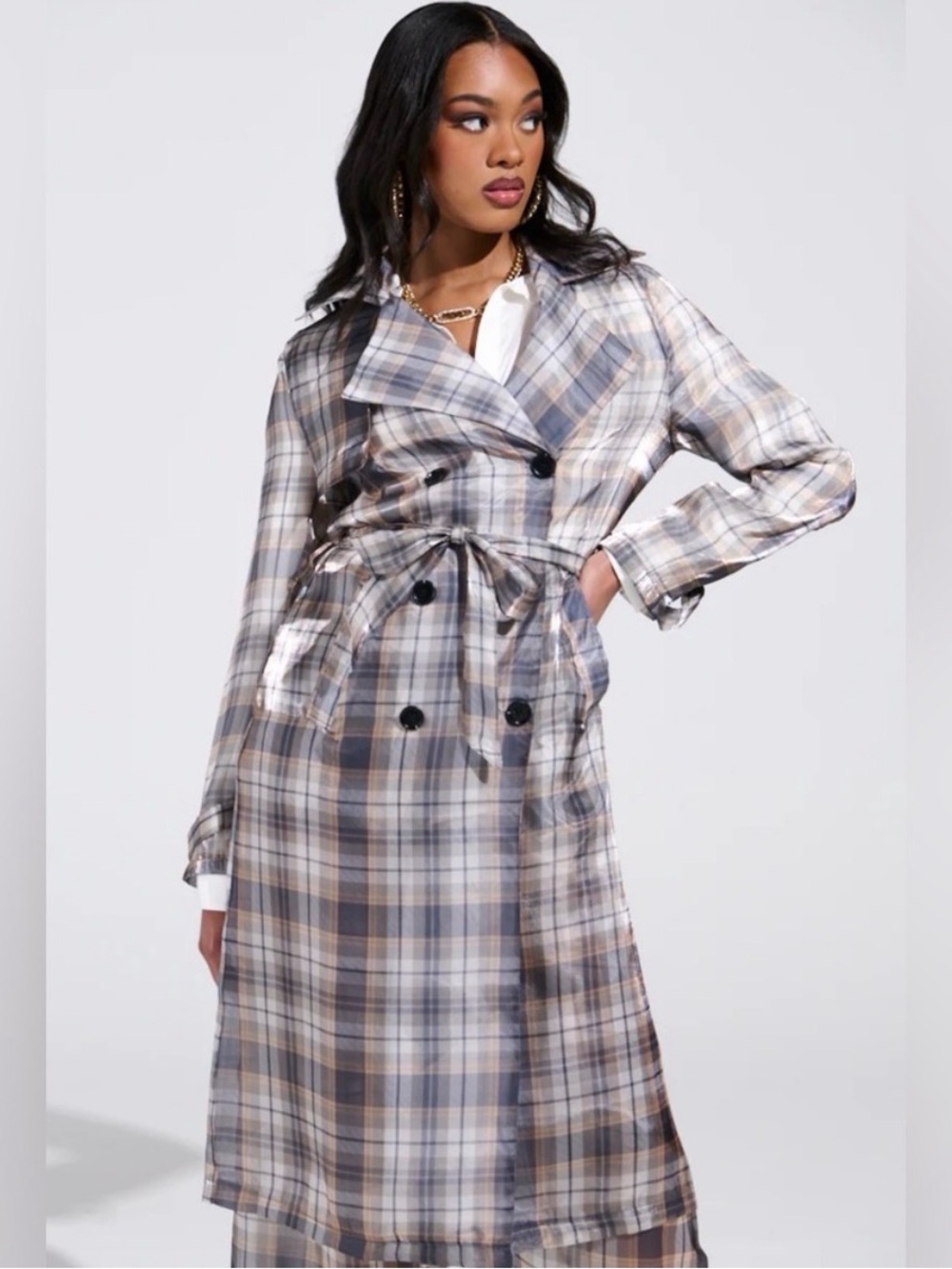 AKIRA Plaid Trench Coat